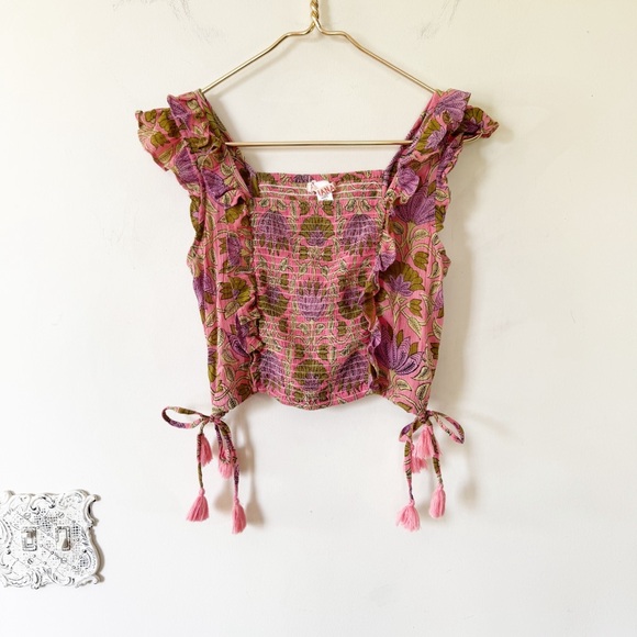 Banjanan Tops - NWOT Banjanan Pink Block print Floral Ruffle Smocked Crop Top Tassel Side Tie S